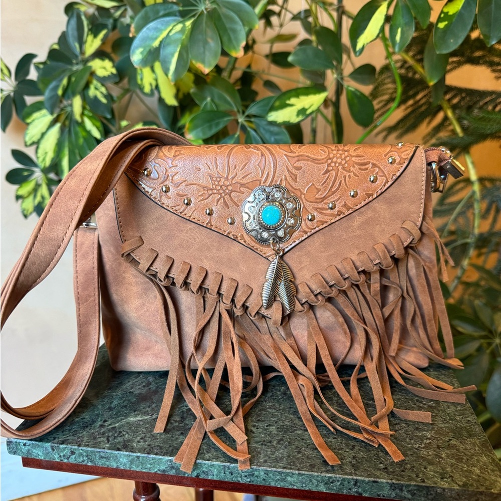 Bohemian Fringe Crossbody Bag with Turquoise Concho